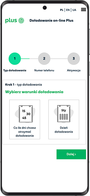 Wizualizacja interfejsu aplikacji mobilnej Plus